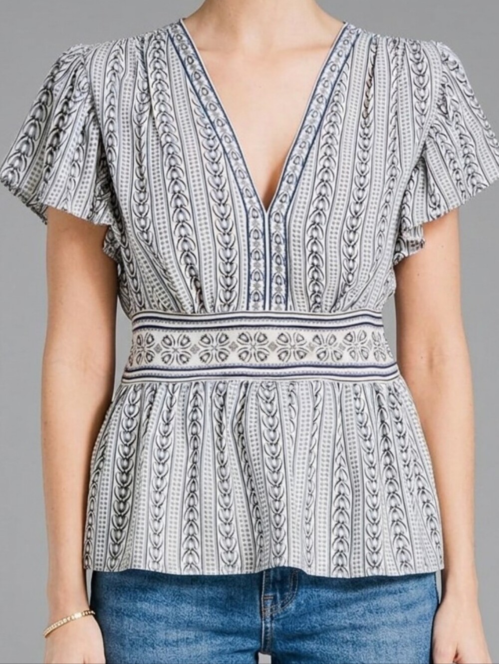 Max Studio Blue/Cream Crepe Peplum Blouse Size Large